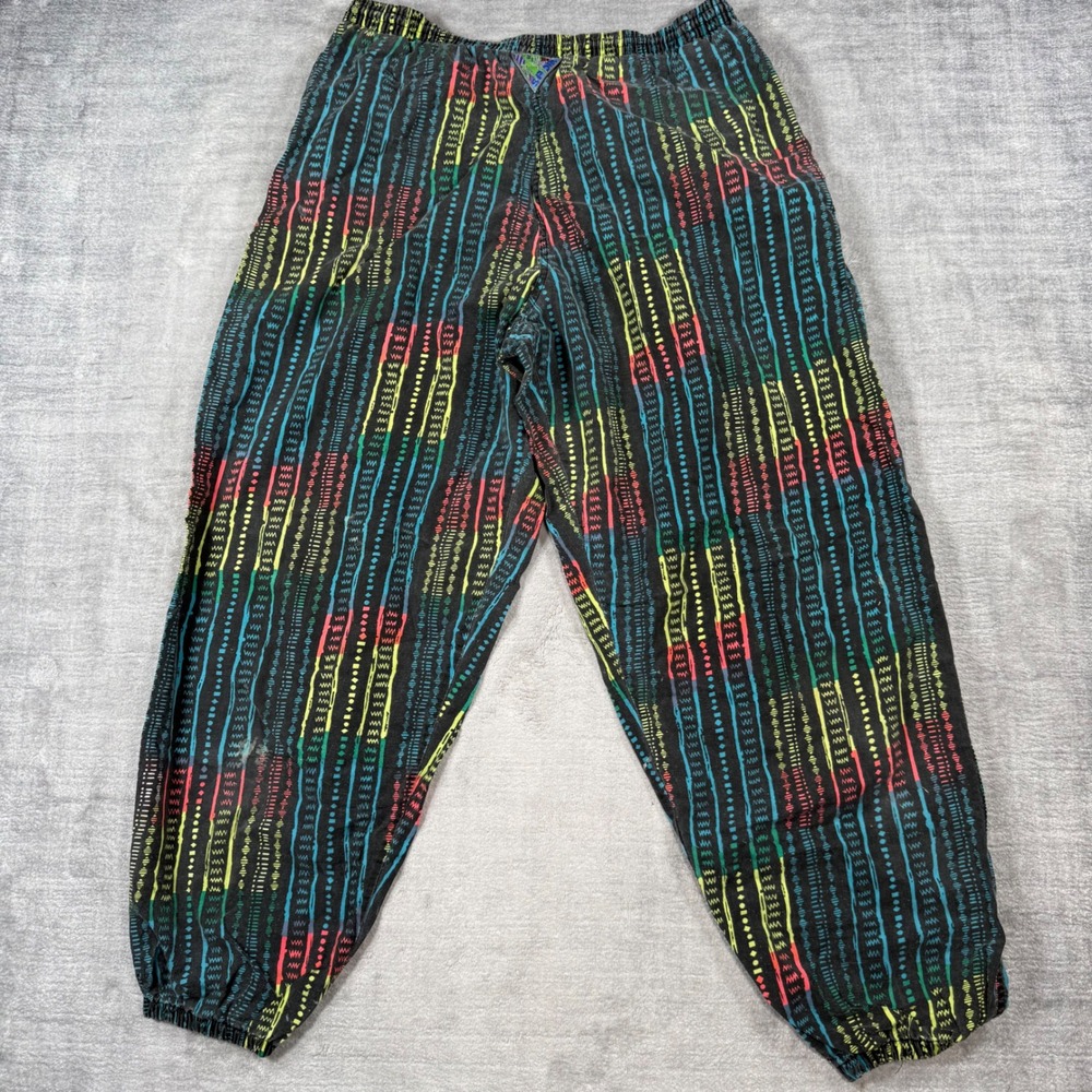 Hunters Run Pants Mens Medium Black Neon Tribal 80s Vintage Parachute Surf Gym